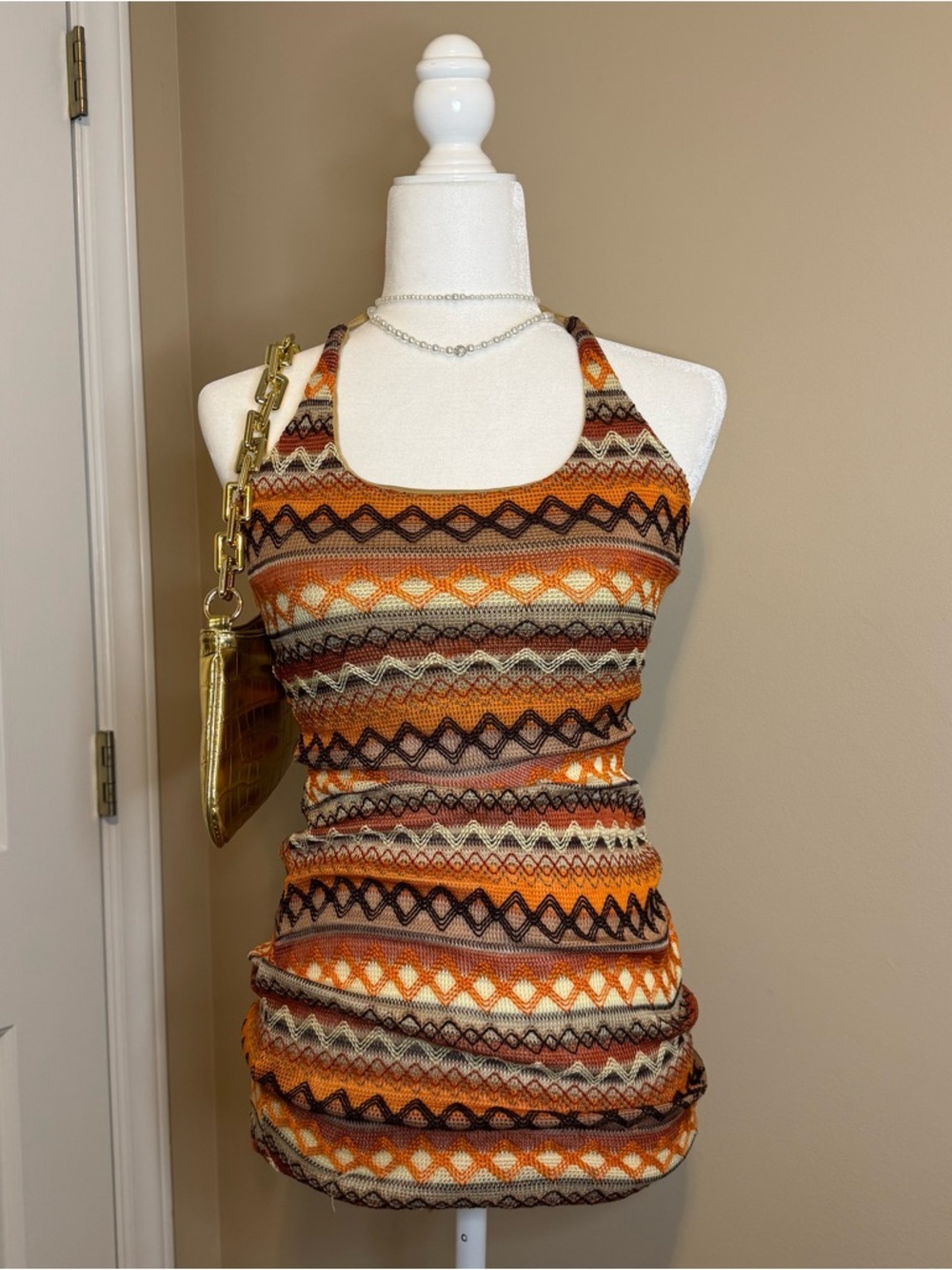 Striped Aztec Halter Knit Mini Dress - Orange Brown Cream